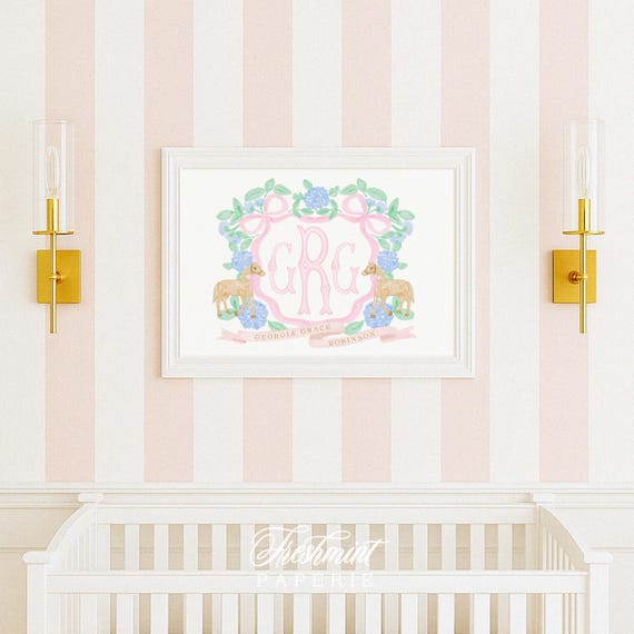 Personalized Horse Crest Nursery Print • Custom Monogram Wall Art • Watercolor Hydrangea Baby Name Decor • Baby Nursery Wall Art Gift