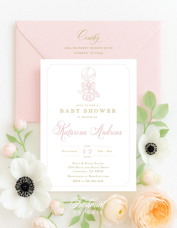 Monogram Baby Shower Invitation - baby shower invitation - baby shower invitation - Baby Rattle invitation - Pink baby shower