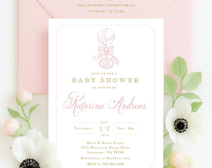 Monogram Baby Shower Invitation - baby shower invitation - baby shower invitation - Baby Rattle invitation - Pink baby shower