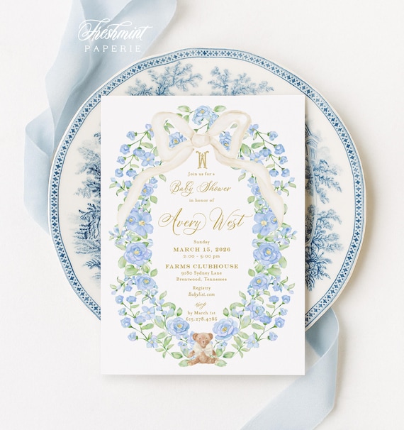 Teddy Bear invitation, Monogram, baby shower, Blue Floral, Gingham, Bow, Grandmillennial, Crest, Watercolor