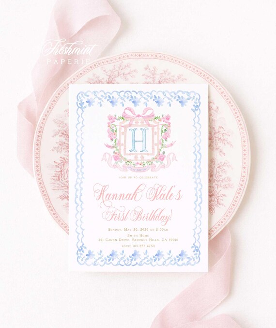 Monogram Birthday Invitation, Chinoiserie, Blue Toile, Crest, Grandmillennial, Pagoda