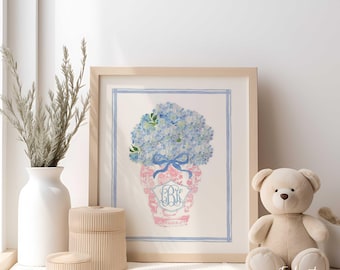 Chinoiserie Wandkunst, Ginger Jar Wandkunst, Blau-Weiße Chinoiserie Druck, Chinoiserie Druck Wandkunst, Monogramm Kunst, Blaue und weiße Vase