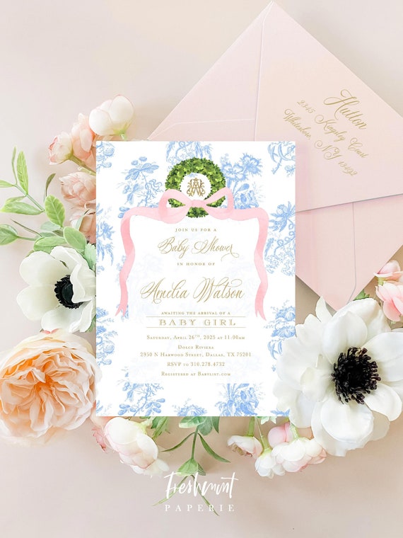 Chinoiserie invitation - Monogram invitation - Ginger Jar Invitation - Chinoiserie invitation - Baby Shower Invitation