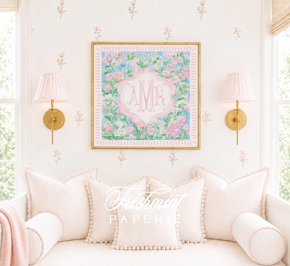 Monogram Wall Art, Monogram, Medallion, Grandmillennial, Watercolor, Chinoiserie, Butterflies