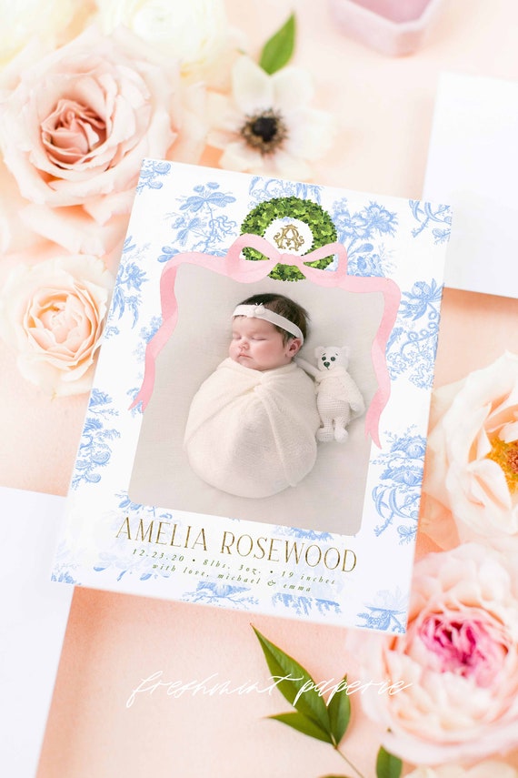 Watercolor Birth Announcement, Girl Birth Announcement, Birth Announcement, Chinoiserie Birth Announcement, Birth Announcement, Welcome Baby