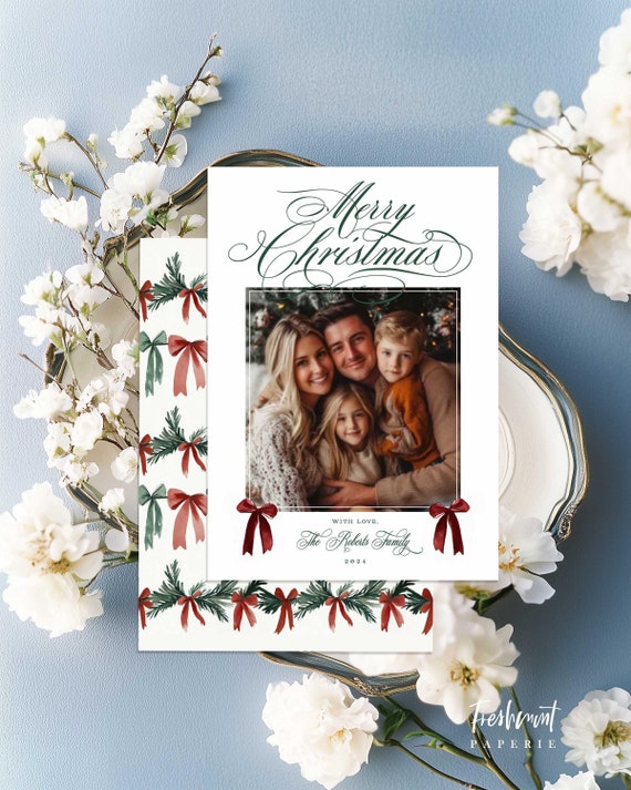 Moody Holiday Cards, Ribbon Christmas card, Photo holiday cards, Pretty Holiday Cards, Maroon Ribbon, Burgundy Ribbon, Forest Green