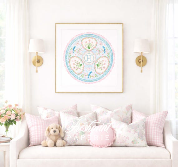 Medallion Wall Art, Monogram, Rose Medallion, Grandmillennial, Watercolor