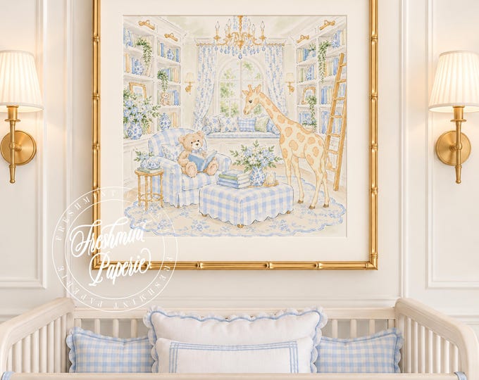 Nursery Wall Art, Teddy Bear, Library, Grandmillennial, Chinoiserie