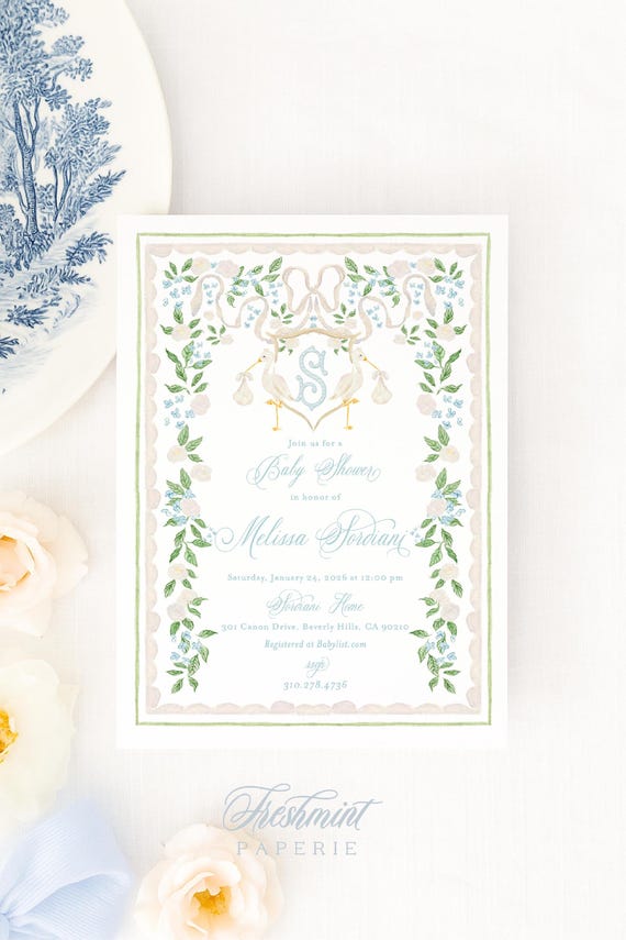 Heirloom Stork Invitation, Watercolor, Baby Shower, Heirloom Rattle, Monogram, Grandmillennial, Blue Floral
