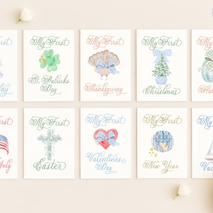 Meilensteinkarten, monatliche Meilensteinkarten, Babypartygeschenk, Neugeborenen Fotos, Aquarell Erbstück Meilensteinkarten, Set mit 12 Karten, Baby Junge Milestone + My First
