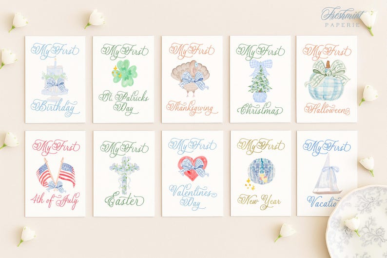 Meilensteinkarten, monatliche Meilensteinkarten, Babypartygeschenk, Neugeborenen Fotos, Aquarell Erbstück Meilensteinkarten, Set mit 12 Karten, Baby Junge Milestone + My First
