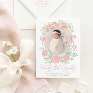 Anuncio de nacimiento floral con escudo de acuarela, anuncio de bebé en acuarela, anuncio de nacimiento, anuncio de nacimiento con escudo floral, bienvenido bebé