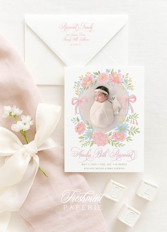 Watercolor Crest Floral Birth Announcement, Watercolor Baby Announcement, Birth Announcement, Floral Crest Birth Announcement, Welcome Baby