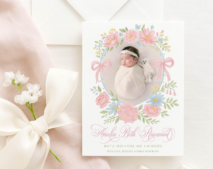 Watercolor Floral Crest Baby Announcement Card