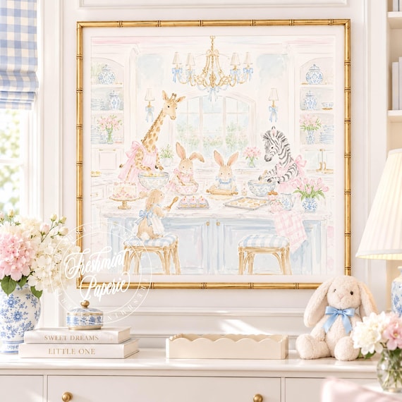 Nursery Wall Art, Bunny & Giraffe art, Baking, Grandmillennial, Chinoiserie