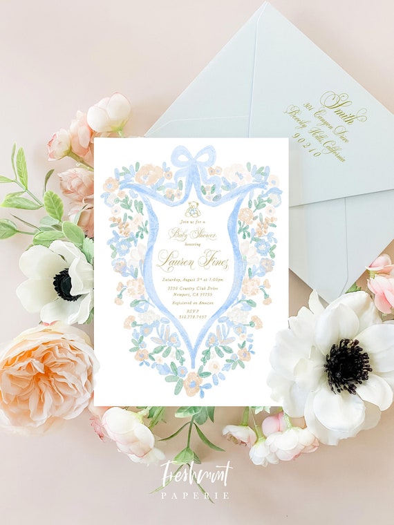 Teddy Bear invitation, Baby shower invitation, Floral Blues Watercolor invitation, Vintage Teddy Bear invitation, Watercolor Bow, It's a Boy