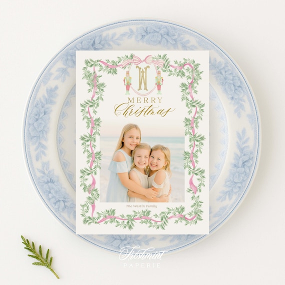 Pink Nutcracker Photo Christmas Cards, Monogram Wreath