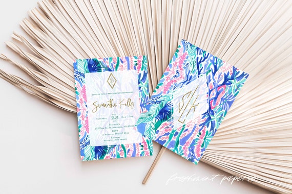 Tropical invitation | colorful baby shower Invitation | Monogrammed |  Pink & Blue Baby Shower Invitation | Tropical | Watercolor