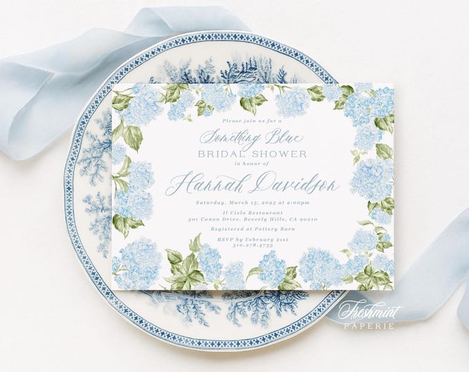 Blue Hydrangea Bridal Shower Invitation, Something Blue invite