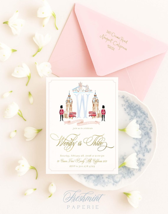 London invitation, British Birthday, Big Ben, England, Watercolor, Monogram