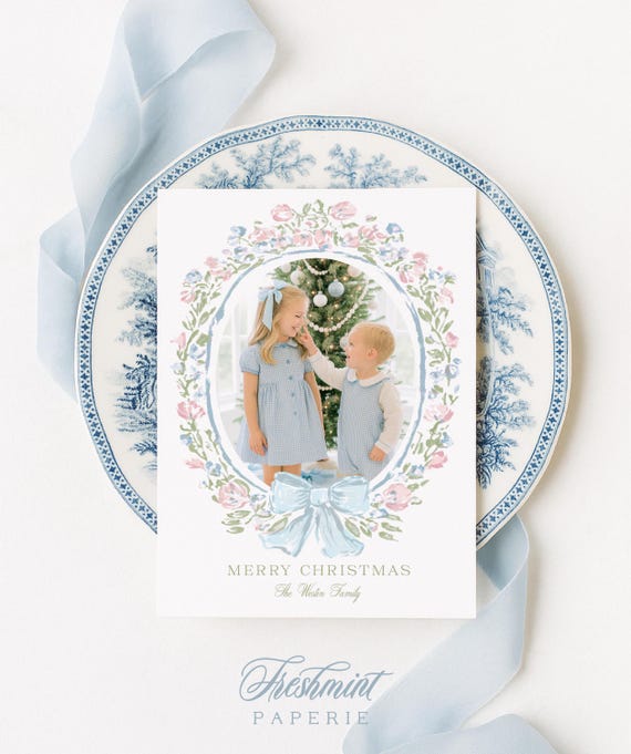 Watercolor Christmas Photo Cards: Gingham Floral Holiday Card, Grandmillennial