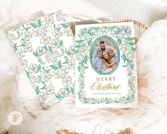 Magnolia Floral Christmas Photo Cards, Monogram Wreath