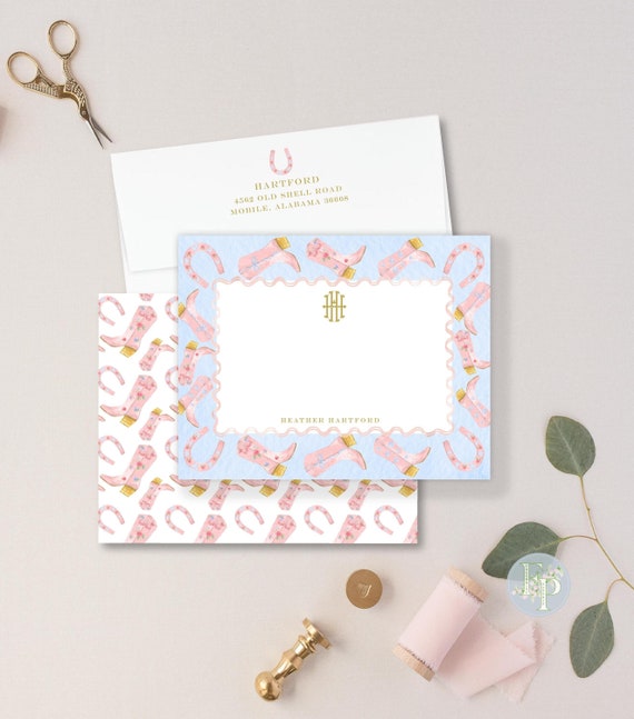 Personalized Stationery - Monogram Note Cards - Monogram Stationery Note Cards - Stationery Suite - Western, Cowgirl notecards, Horseshoe