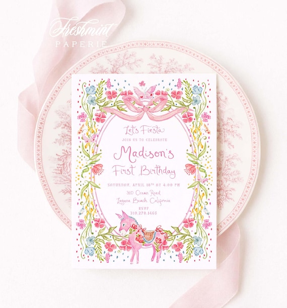 Fiesta Birthday Invitation, Watercolor Fiesta Party, Girly, Pink Bow, Floral Border