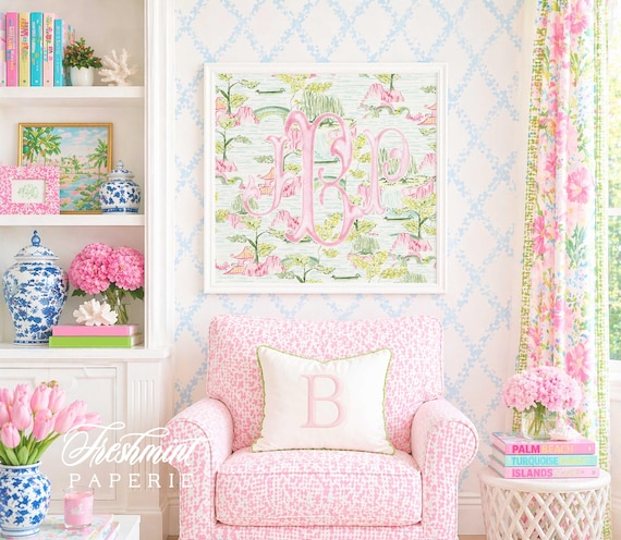 Monogram Wall Art, Chinoiserie, Mahjong, Grandmillennial, Watercolor