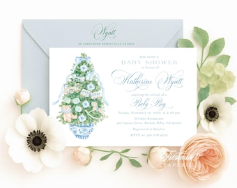 Blue Chinoiserie Christmas Tree Invitation: Ginger Jar, Rocking Horse (Digital or Printed Options Available)