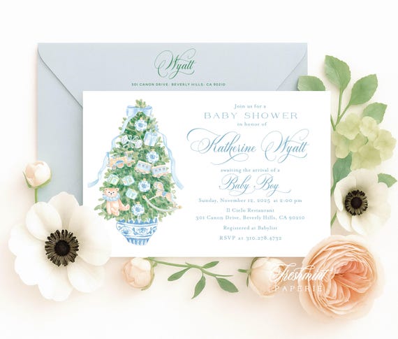 Chinoiserie invitation, Christmas Tree Invitation, Blue Chinoiserie invitation, Baby Shower Invitation, Rocking Horse, Ginger Jar