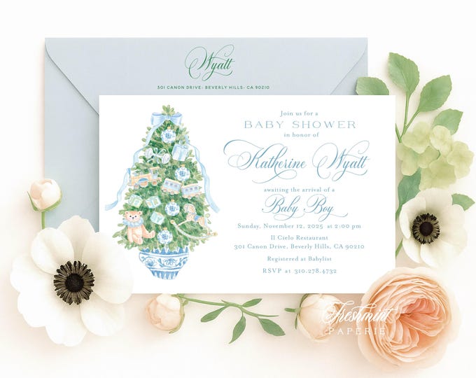 Blue Chinoiserie Christmas Tree Invitation: Ginger Jar, Rocking Horse (Digital or Printed Options Available)