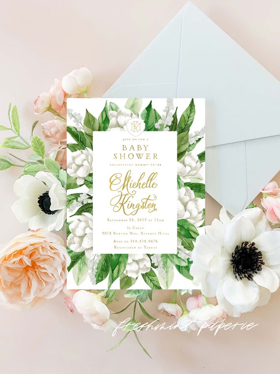 White floral invitation - Gardenia invitation - baby Shower invitation - Leaf invitation - Gardenia invite - freshmint paperie