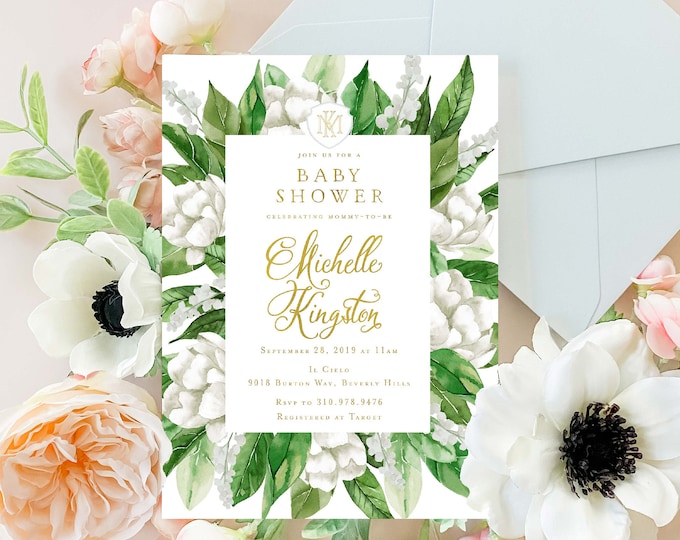 White floral invitation - Gardenia invitation - baby Shower invitation - Leaf invitation - Gardenia invite - freshmint paperie