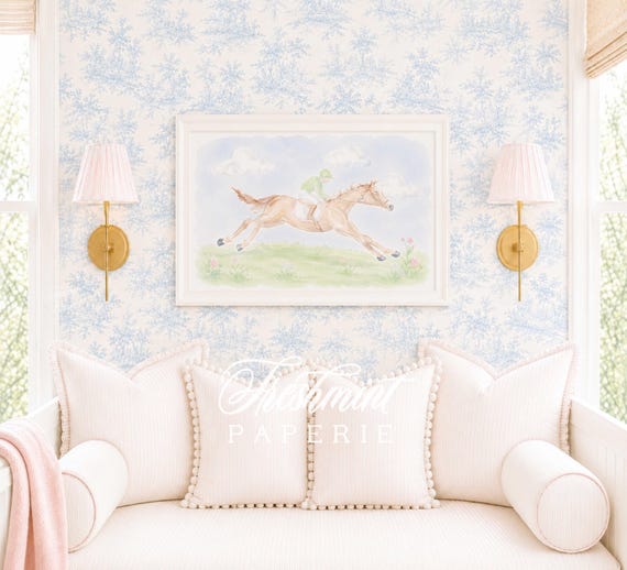 Derby Nursery wall art, Watercolor, Grandmillennial, Floral, Horse, Equestrian, Jockey