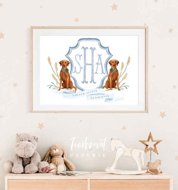 Fox Red Labrador watercolor wall art, Fox Red Labrador, Nursery name print, Red Labrador Monogram Art Print, Custom nursery wall art