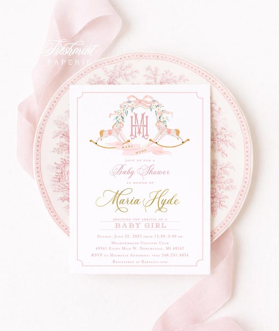 Watercolor Rocking Horse Baby Shower Invitation, Monogram, Crest
