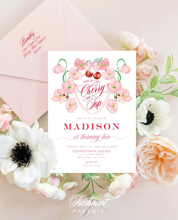 Cherry invitation, Cherry on Top invitation, Cherry Baby Girl Birthday Invitation, Pink Bow invitation, Shes the cherry on top, Cherry Party