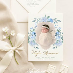 Annuncio di nascita ortensia, annuncio ortensia blu, annuncio di nascita, annuncio di nascita monogramma, barattolo di zenzero, benvenuto bambino