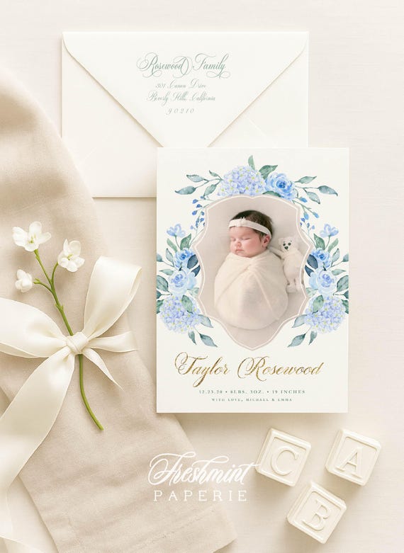 Hydrangea Birth Announcement, Blue Hydrangea Announcement, Birth Announcement, Monogram Birth Announcement, Ginger Jar, Welcome Baby