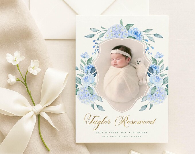 Hydrangea Birth Announcement, Blue Hydrangea Announcement, Birth Announcement, Monogram Birth Announcement, Ginger Jar, Welcome Baby