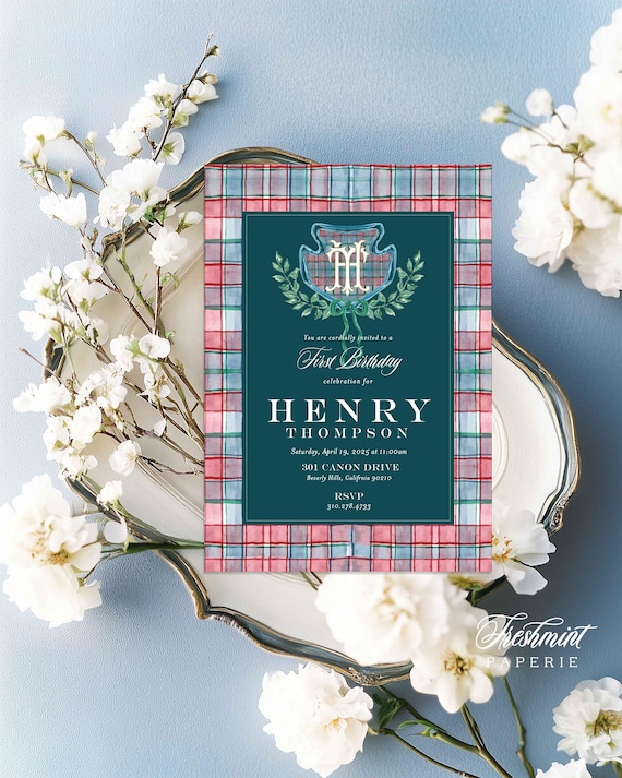 Classic Plaid Birthday Invitation, Equestrian, Polo, Navy, Green, Tartan Invitation, Red Plaid invitation, Classic, Monogram, Classic
