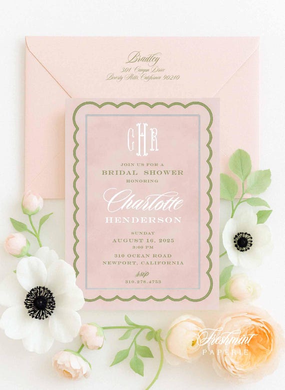 Bridal Shower Invitation, Art Deco invitation, Monogram Invitation, Watercolor invitation, Vintage Shower invitation, Scallop invitation