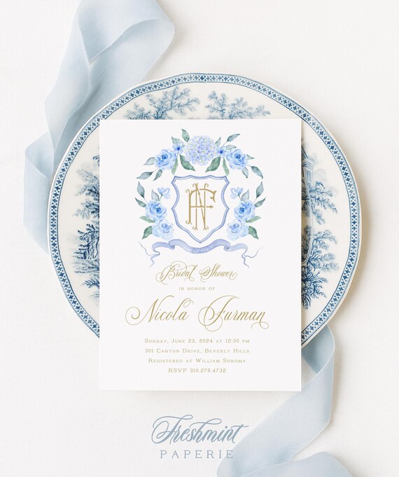 Something Blue Bridal Shower Invitation, Watercolor Monogram, Ginger Jar