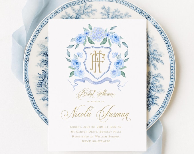 Something Blue Bridal Shower Invitation, Watercolor Monogram, Ginger Jar
