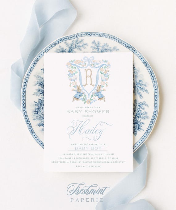 Bunny Baby Shower invitations, Monogram, Easter, Crest, Boy Baby, Brunch, Floral