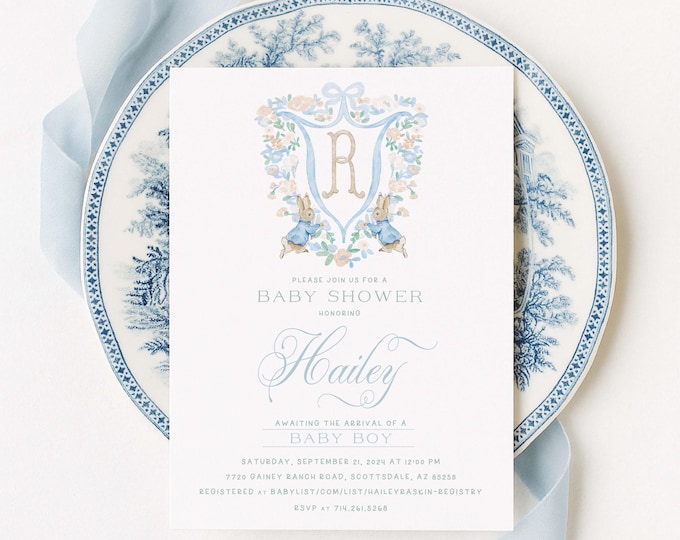Bunny Baby Shower invitations, Monogram, Easter, Crest, Boy Baby, Brunch, Floral