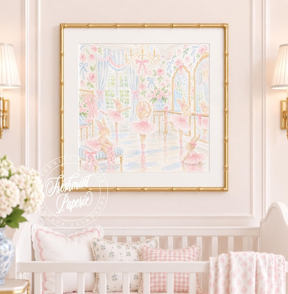 Nursery Wall Art, Bunny Ballet, Ballerina, Grandmillennial, Chinoiserie