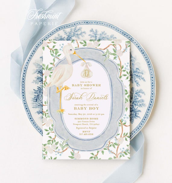 Stork Baby Shower Invitation, Watercolor, Baby Shower, Heirloom, Rattle, Monogram, Grandmillennial, Blue Floral
