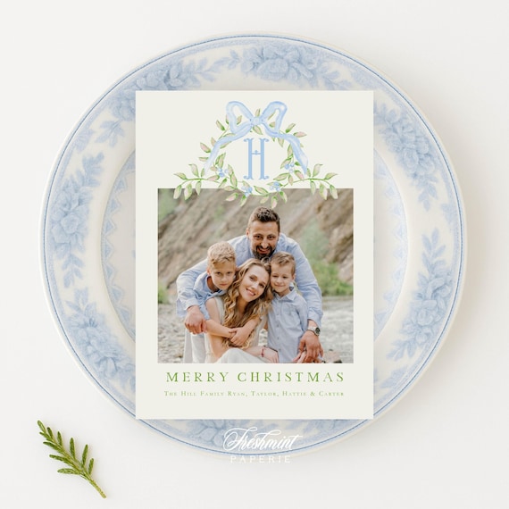 Blue Floral Photo Holiday Cards: Gingham Christmas Card